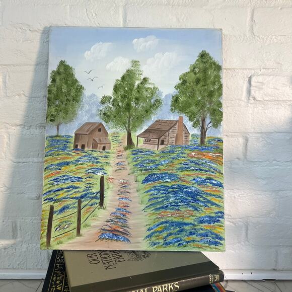 Vintage Farmhouse Landscape Painting | Hand-Painted Countryside Scene - Picture 1 of 10